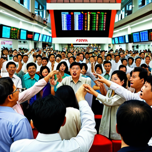 Home 21 A crowded Vietnamese stock market scene, investors glued to screens, some looking anxious, others excitedly pointing, illustrating FOMO and the "herd effect." Subtle signs of "đu đỉnh" (reaching the peak) and "bán đáy" (selling at the bottom). Use vibrant colors and dynamic composition.