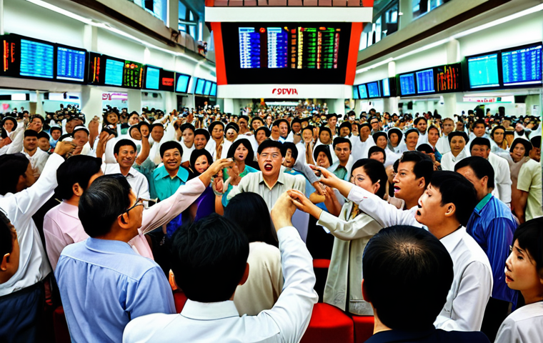 A crowded Vietnamese stock market scene, investors glued to screens, some looking anxious, others excitedly pointing, illustrating FOMO and the "herd effect." Subtle signs of "đu đỉnh" (reaching the peak) and "bán đáy" (selling at the bottom). Use vibrant colors and dynamic composition.