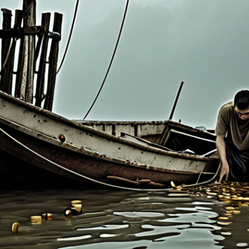 Home 9 A person, visibly distressed and weary, is desperately clinging to a large, decaying structure or a half-submerged, broken boat in murky water. Surrounding them are symbolic elements like draining hourglasses, piles of diminishing coins, or fading lines of energy, representing lost time, money, and effort. The overall atmosphere is dim, with muted colors, conveying a sense of being trapped, exhaustion, and stagnation. Focus on the psychological weight of holding onto something that is clearly failing.