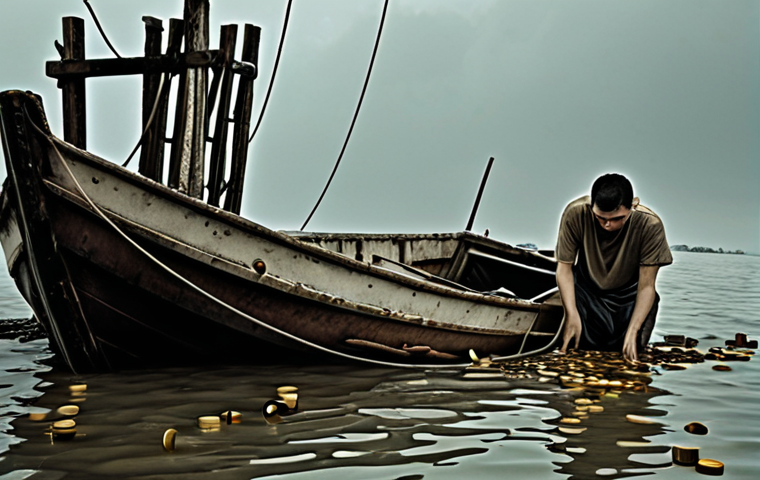 A person, visibly distressed and weary, is desperately clinging to a large, decaying structure or a half-submerged, broken boat in murky water. Surrounding them are symbolic elements like draining hourglasses, piles of diminishing coins, or fading lines of energy, representing lost time, money, and effort. The overall atmosphere is dim, with muted colors, conveying a sense of being trapped, exhaustion, and stagnation. Focus on the psychological weight of holding onto something that is clearly failing.