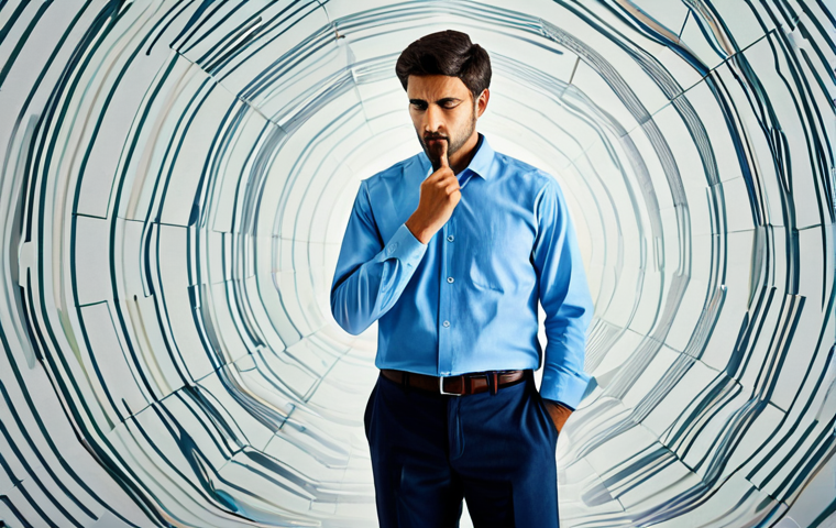 **Prompt for "Emotional Investor Navigating Uncertainty":**
A professional individual, fully clothed in a modest business shirt and slacks, stands thoughtfully in an abstract digital space. Their expression conveys deep contemplation and the subtle weight of market uncertainty, surrounded by soft, swirling, non-literal data streams in muted colors that suggest turbulent market emotions like fear and greed, without depicting explicit financial charts or numbers. The focus is on their internal state of grappling with complex information. Perfect anatomy, correct proportions, natural pose, well-formed hands, proper finger count, natural body proportions, professional photography, high resolution, safe for work, appropriate content, fully clothed, professional dress.
