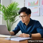 감정적 투자 오류와 투자 포트폴리오 성과 - A modern Vietnamese investor in casual business attire sitting at a wooden desk with a laptop displa...