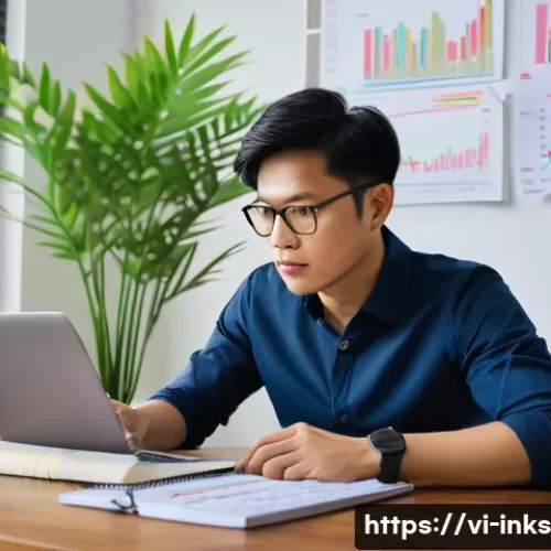 감정적 투자 오류와 투자 포트폴리오 성과 - A modern Vietnamese investor in casual business attire sitting at a wooden desk with a laptop displa...
