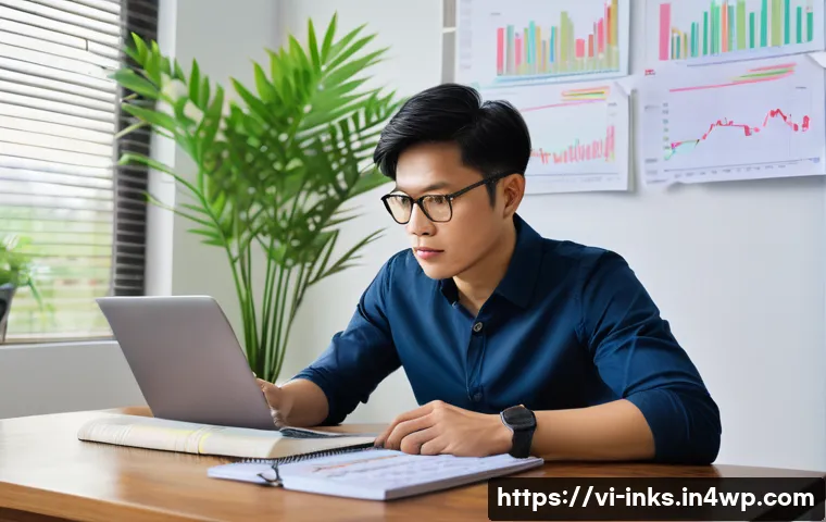 감정적 투자 오류와 투자 포트폴리오 성과 - A modern Vietnamese investor in casual business attire sitting at a wooden desk with a laptop displa...