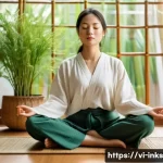 감정적 결정 피하기 위한 가이드 - A calm Vietnamese woman in her early 30s sitting cross-legged on a traditional bamboo mat in a cozy,...