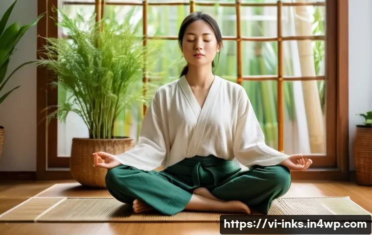 감정적 결정 피하기 위한 가이드 - A calm Vietnamese woman in her early 30s sitting cross-legged on a traditional bamboo mat in a cozy,...