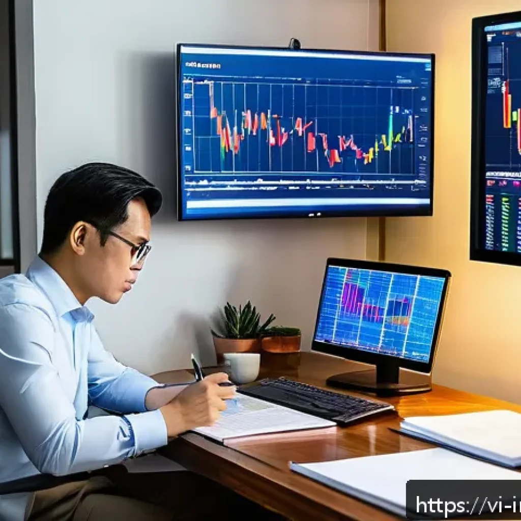 감정적 투자 오류 방지를 위한 자가 진단 - A Vietnamese investor sitting at a modern desk in a cozy home office, surrounded by multiple compute...