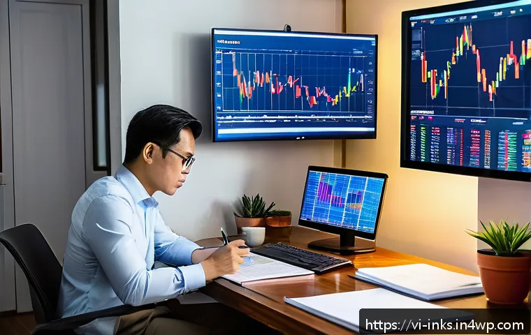 감정적 투자 오류 방지를 위한 자가 진단 - A Vietnamese investor sitting at a modern desk in a cozy home office, surrounded by multiple compute...