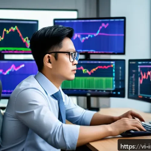 Home 30 감정적 투자 문제 해결을 위한 전문가의 조언 - A professional Vietnamese investor sitting at a modern office desk filled with multiple computer scr...
