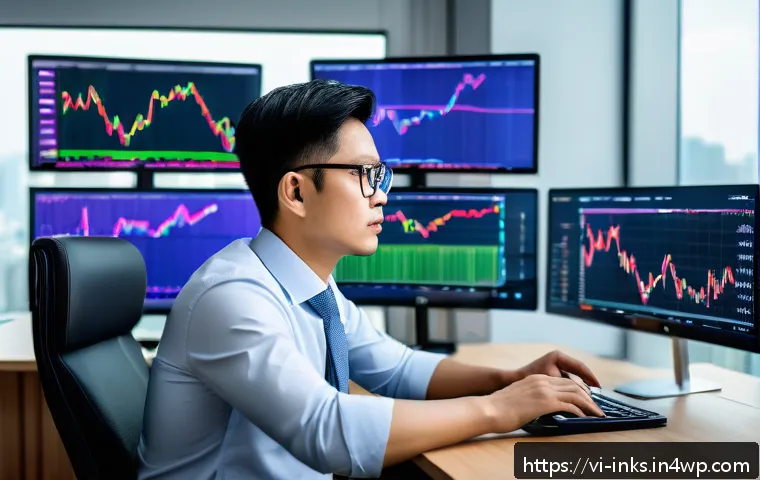 감정적 투자 문제 해결을 위한 전문가의 조언 - A professional Vietnamese investor sitting at a modern office desk filled with multiple computer scr...
