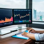 Home 23 감정적 투자 오류 예방을 위한 자산 분석 - A focused Vietnamese individual sitting at a modern desk with multiple screens displaying stock char...