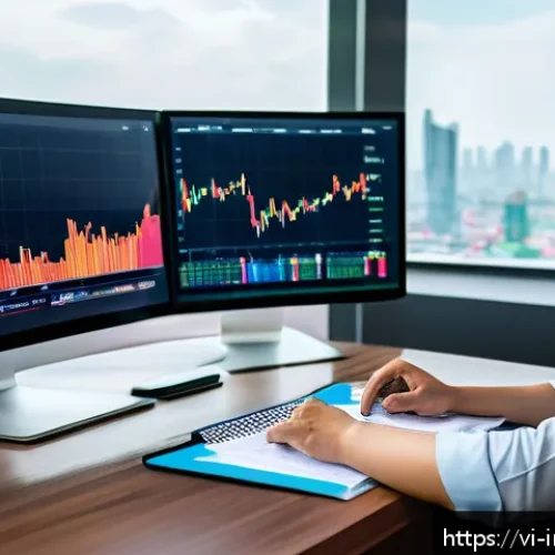 Home 17 감정적 투자 오류 예방을 위한 자산 분석 - A focused Vietnamese individual sitting at a modern desk with multiple screens displaying stock char...