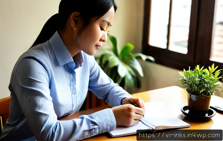 Home 13 감정적 투자 오류 극복을 위한 명상 기법 - Photorealistic Vietnamese adult investor practicing mindful breathing at a tidy wooden desk in a sun...